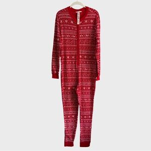 NWT Victoria’s Secret Thermal Henley Long Onesie Pajamas Lipstick Red Fair Isle